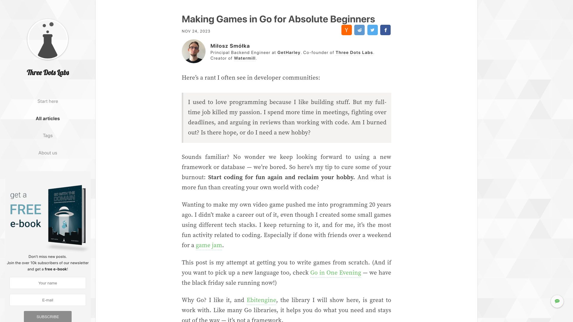 Screenshot of threedots.tech: Making games in Go for absolute beginners