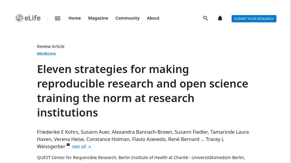 Screenshot of elifesciences.org: Strategies for making reproducible research the norm