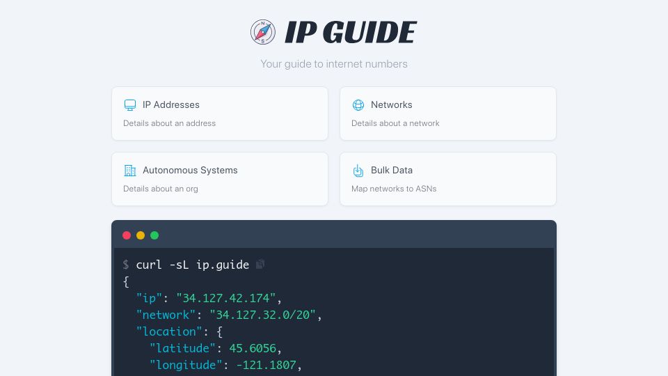 Screenshot of ip.guide: Show HN: IP Guide – Info on IP addresses, Networks, and ASNs