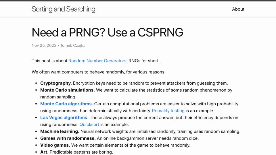 Screenshot of sortingsearching.com: Need a PRNG? Use a CSPRNG