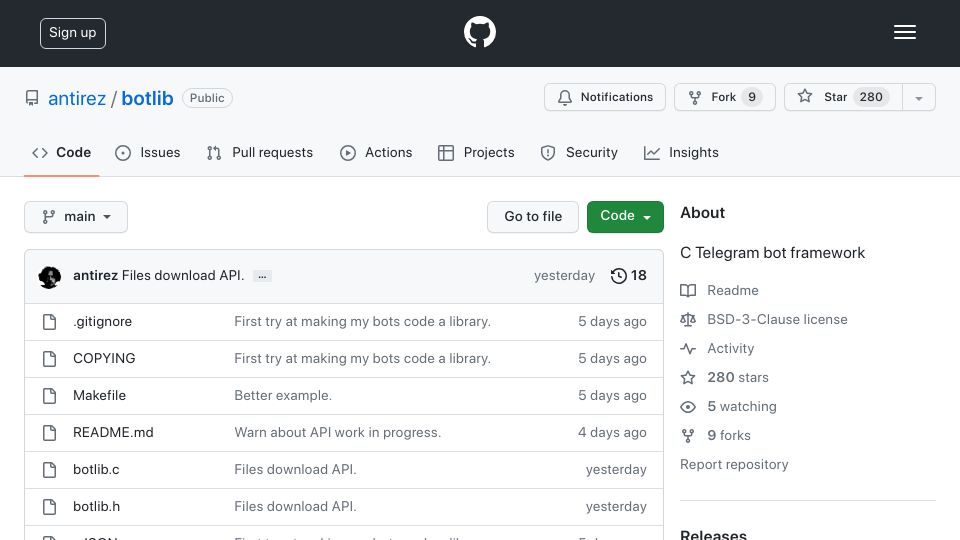 Screenshot of github.com: Botlib: C Telegram bot framework