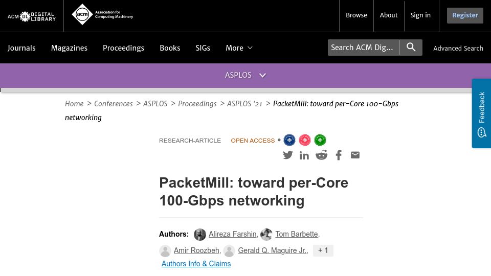 Screenshot of dl.acm.org: PacketMill: Toward per-Core 100-Gbps networking (2021)