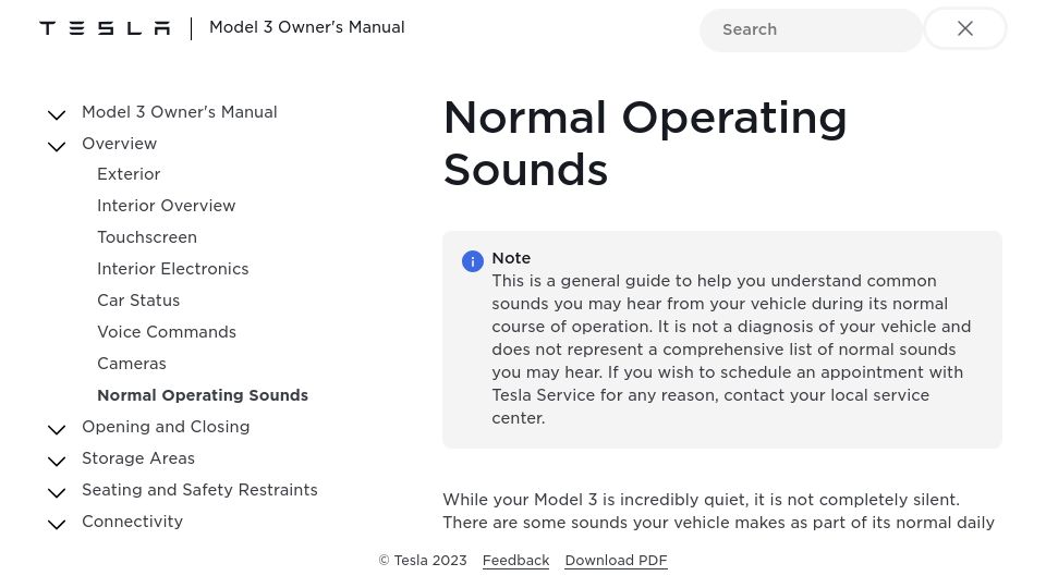 Screenshot of tesla.com: Normal Operating Sounds