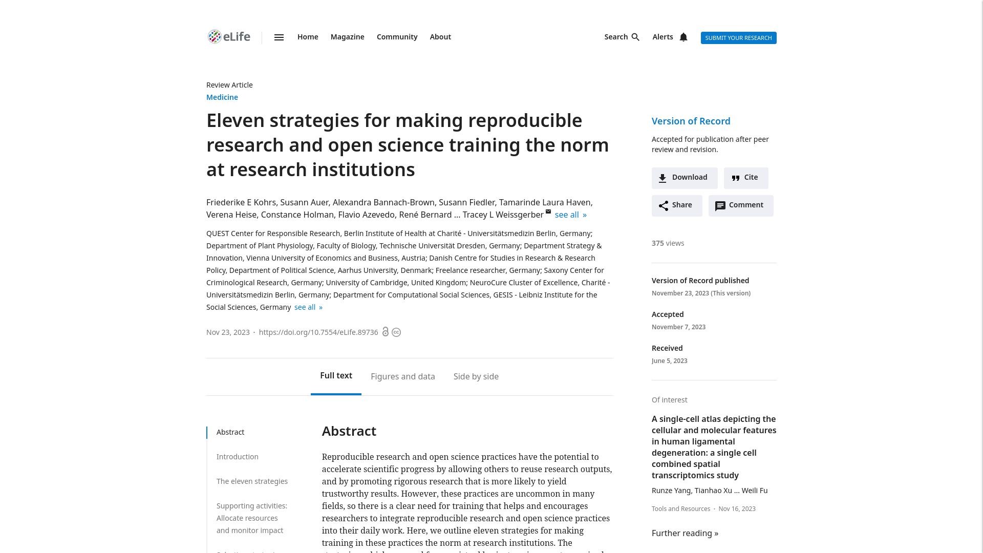Screenshot of elifesciences.org: Strategies for making reproducible research the norm