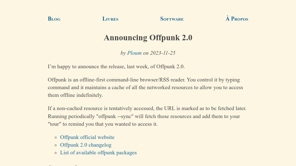 Screenshot of ploum.net: Offpunk 2.0