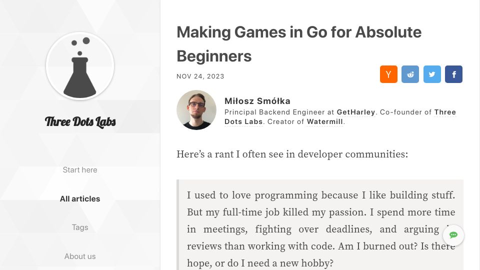 Screenshot of threedots.tech: Making games in Go for absolute beginners