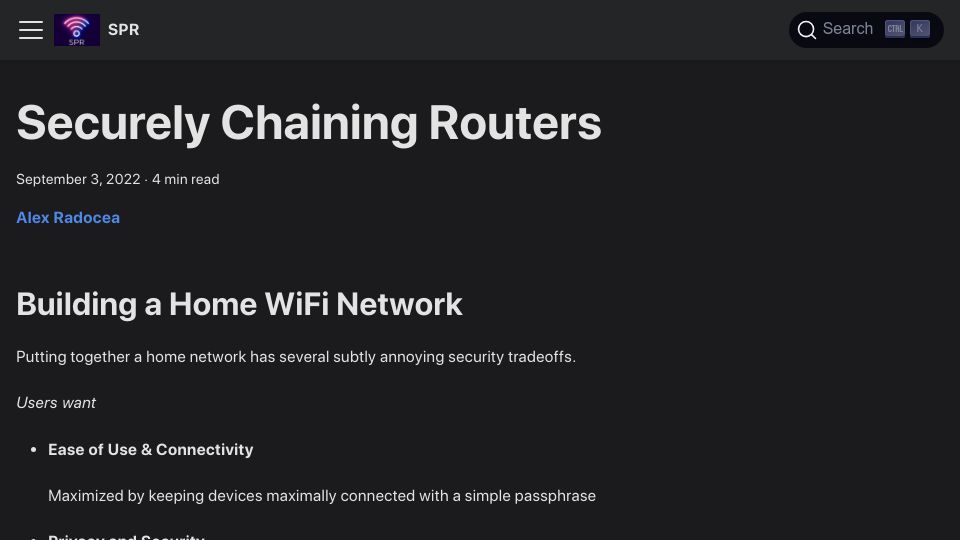 Screenshot of supernetworks.org: Securely Chaining WiFi Routers (2022)
