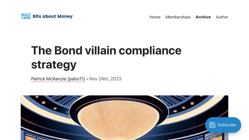 Screenshot of bitsaboutmoney.com: The Bond villain compliance strategy