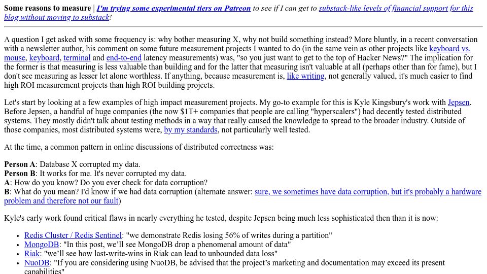 Screenshot of danluu.com: Some reasons to measure (2021)