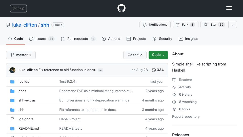 Screenshot of github.com: Shh: Simple Shell Scripting from Haskell