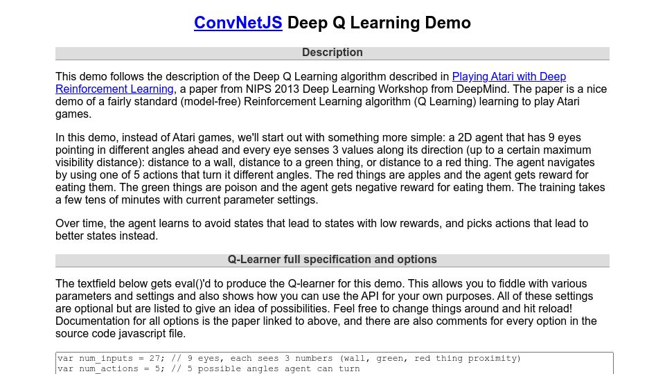 Screenshot of cs.stanford.edu: ConvNetJS Deep Q Learning Demo (2013)