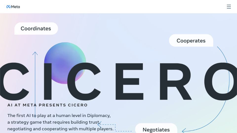 Screenshot of ai.meta.com: Cicero: The first AI to play at a human level in Diplomacy (2022)