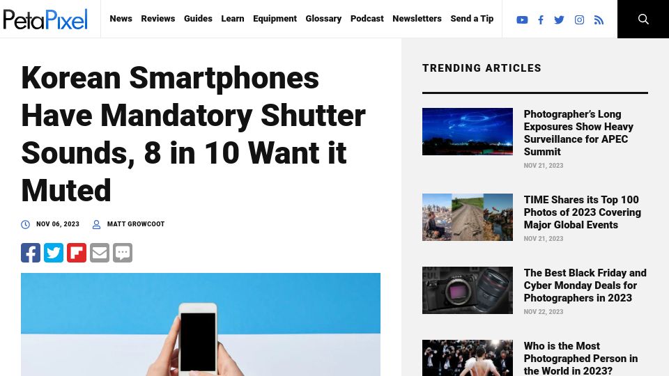 Screenshot of petapixel.com: Korean Smartphones Have Mandatory Shutter Sounds, 8 in 10 Want It Muted