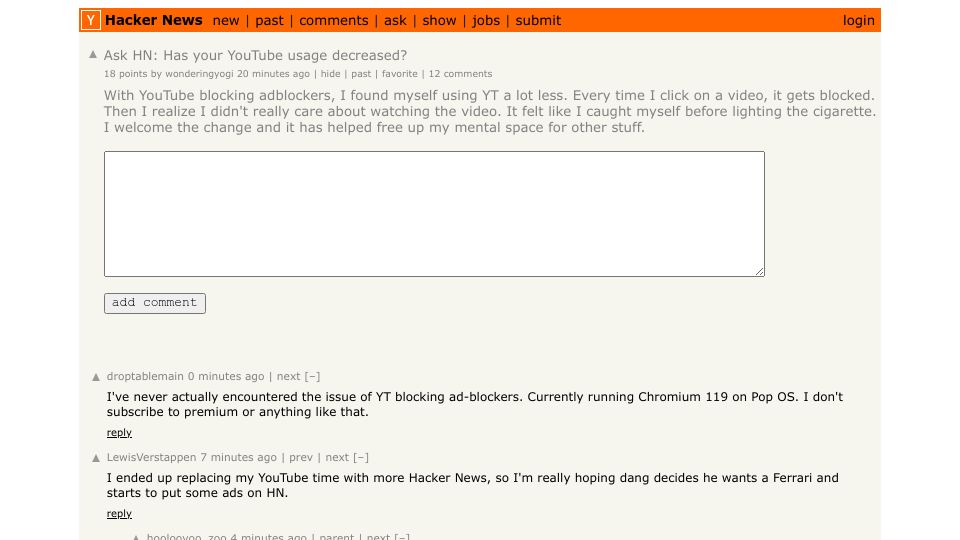 Screenshot of Hacker News post: Ask HN: Has your YouTube usage decreased?