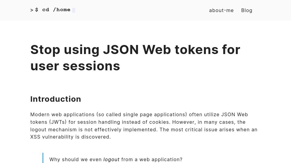 Screenshot of ds-security.com: Stop using JSON Web Tokens for user sessions