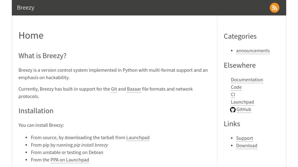 Screenshot of breezy-vcs.org: Breezy Version Control System