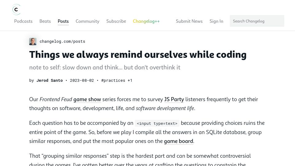 Screenshot of changelog.com: Things We Always Remind Ourselves While Coding