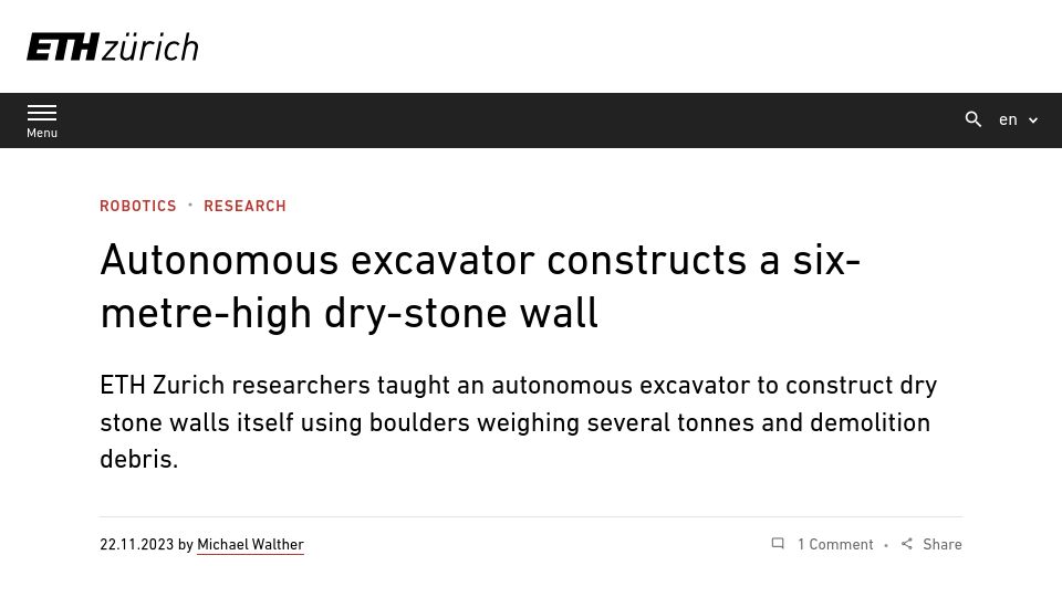 Screenshot of ethz.ch: Autonomous excavator constructs a six-metre-high dry-stone wall