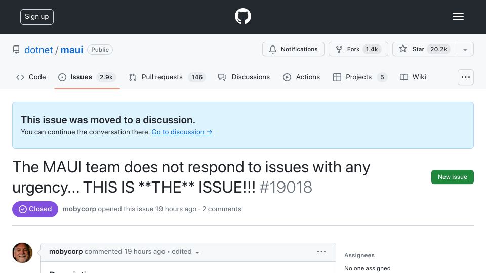 Screenshot of github.com: Developers are not happy with .NET MAUI, but nobody in the team cares about it