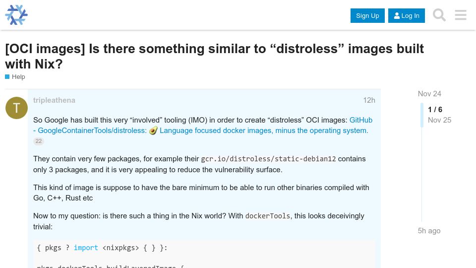 Screenshot of discourse.nixos.org: Is there something similar to “distroless” images built with Nix?