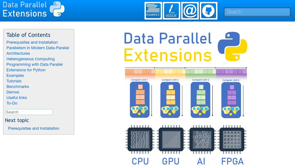 Screenshot of intelpython.github.io: Data Parallel Extensions for Python
