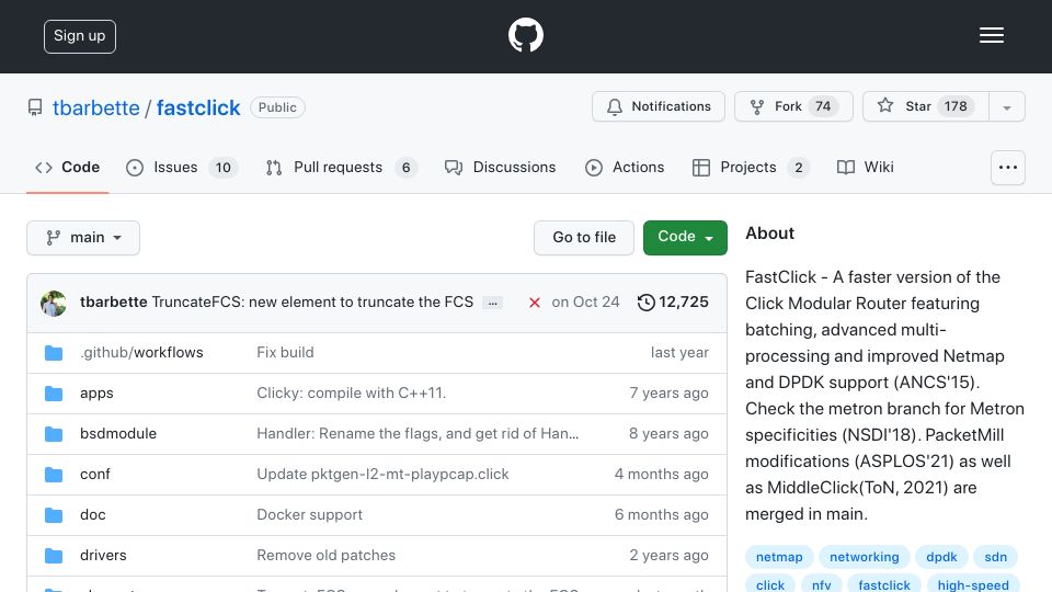 Screenshot of github.com: FastClick: A new architecture for programmable network infrastructure