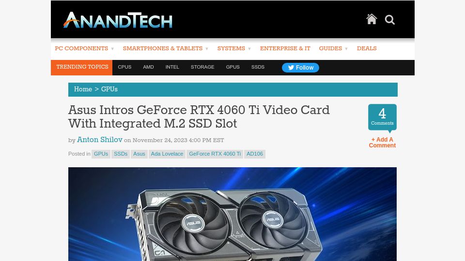 Screenshot of anandtech.com: Asus Intros GeForce RTX 4060 Ti Video Card with Integrated M.2 SSD Slot