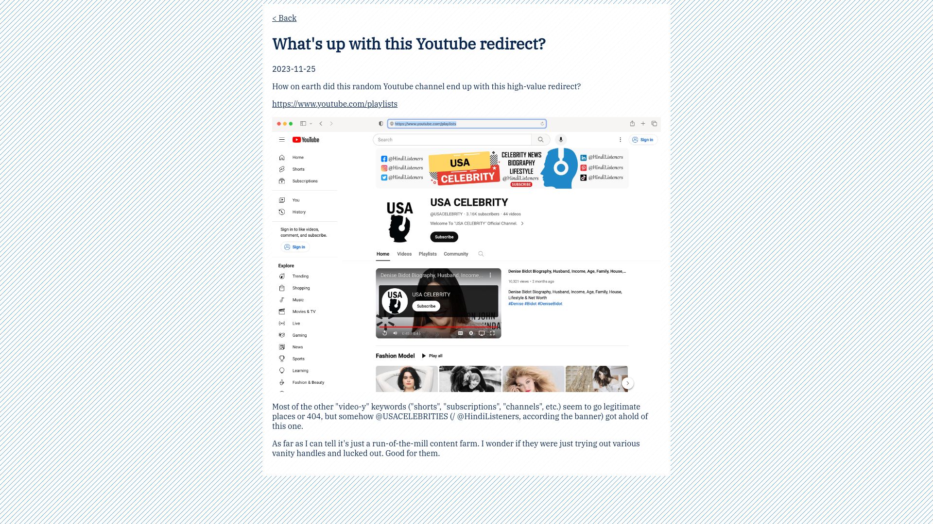 Screenshot of lincoln.swaine-moore.is: Why does a random content farm control youtube.com/playlists?