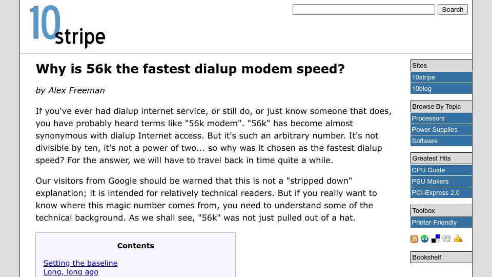 Screenshot of 10stripe.com: Why 56k is the fastest dial up modem speed