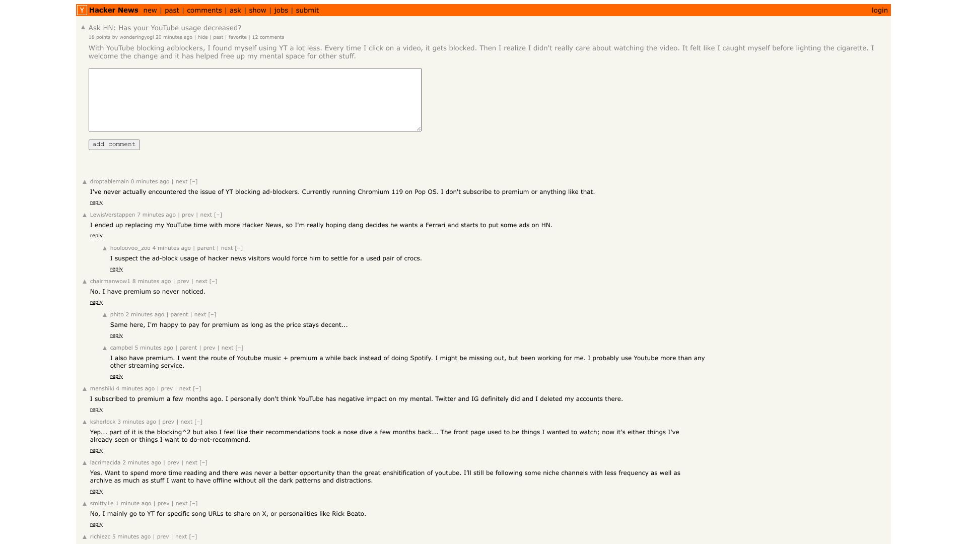 Screenshot of this Hacker News post: Ask HN: Has your YouTube usage decreased?