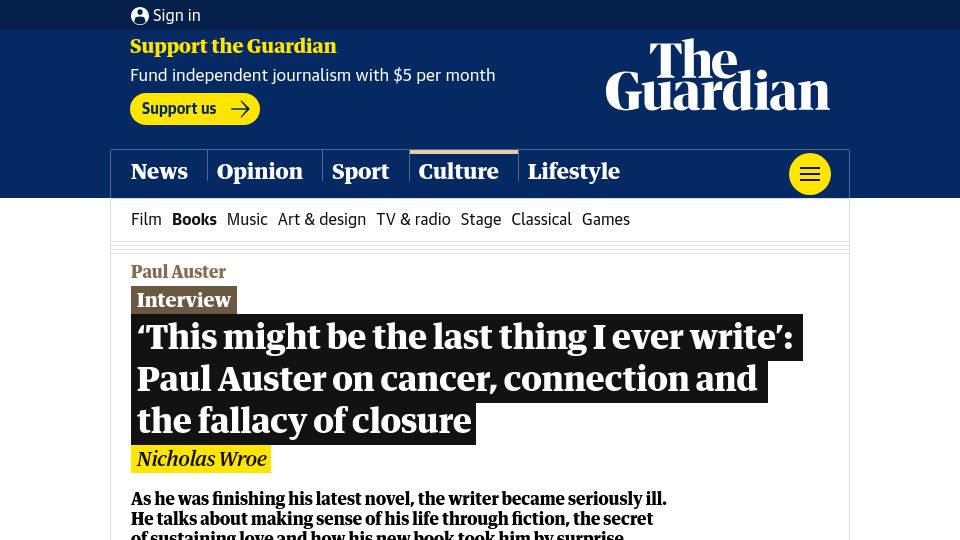 Screenshot of theguardian.com: Paul Auster on cancer, connection and the fallacy of closure
