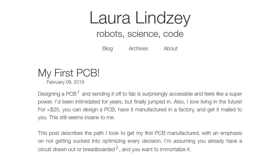 Screenshot of lindzey.github.io: My First PCB (2019)