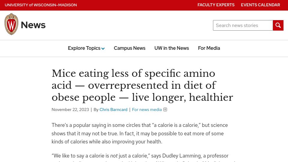 Screenshot of news.wisc.edu: Mice eating less isoleucine live longer, healthier