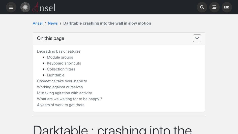Screenshot of ansel.photos: Darktable: Crashing into the wall in slow-motion