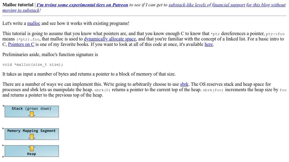Screenshot of danluu.com: Let's Write a Malloc (2014)