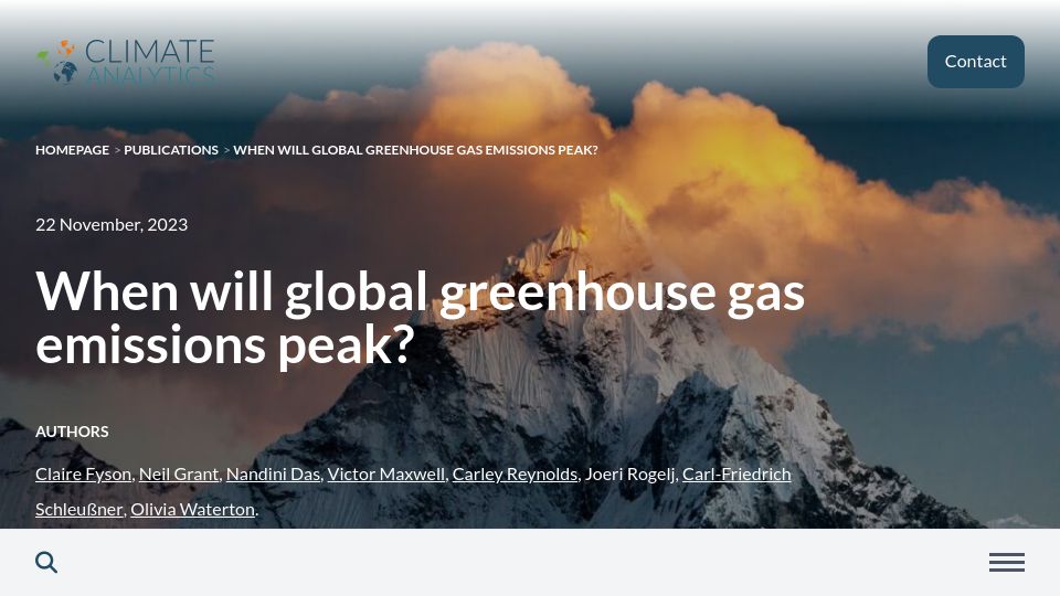 Screenshot of climateanalytics.org: When will global greenhouse gas emissions peak?