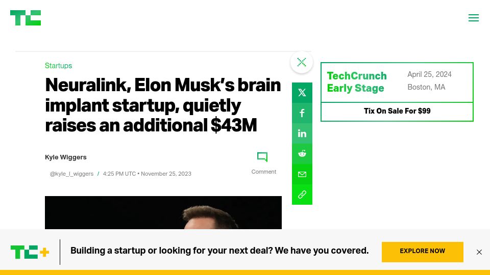 Screenshot of techcrunch.com: Neuralink Raises an Additional $43M