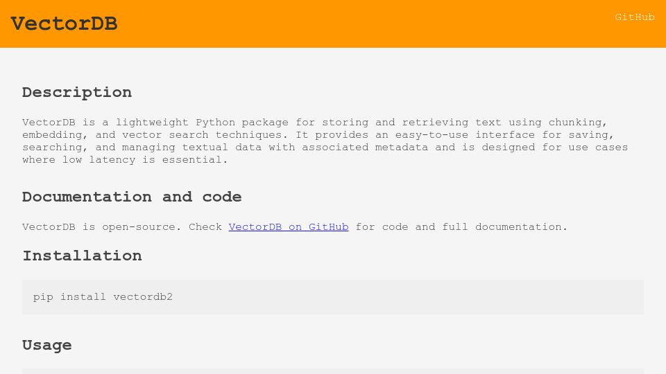 Screenshot of vectordb.com: VectorDB: Vector Database Built by Kagi Search