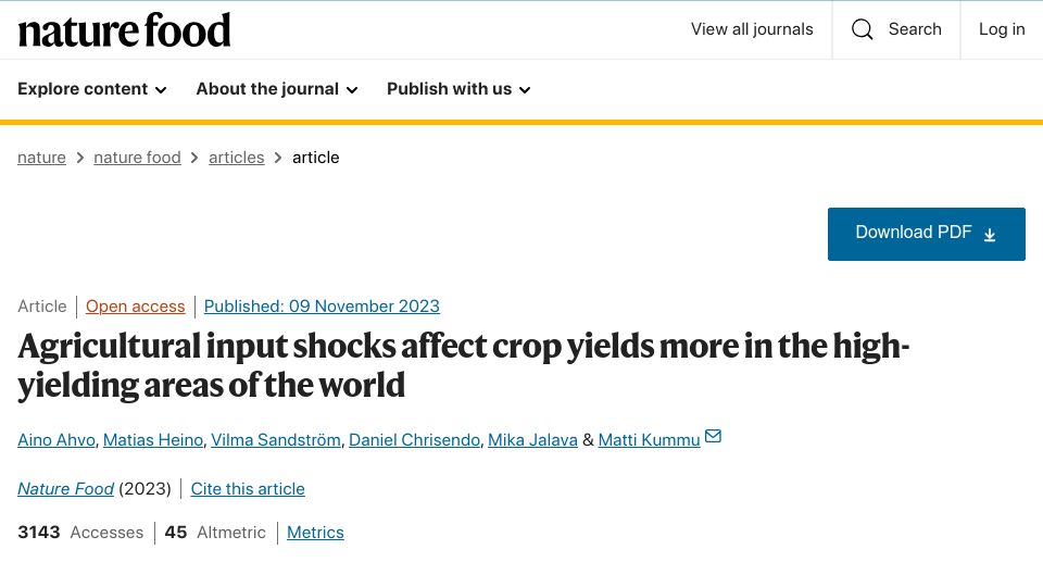 Screenshot of nature.com: Agricultural input shocks affect crop yields more in the high-yielding areas