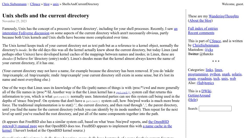 Screenshot of utcc.utoronto.ca: Unix Shells and the Current Directory