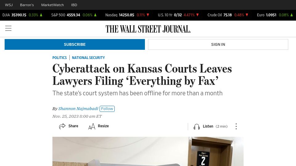 Screenshot of wsj.com: Cyberattack on Kansas Courts Leaves Lawyers Filing 'Everything by Fax'