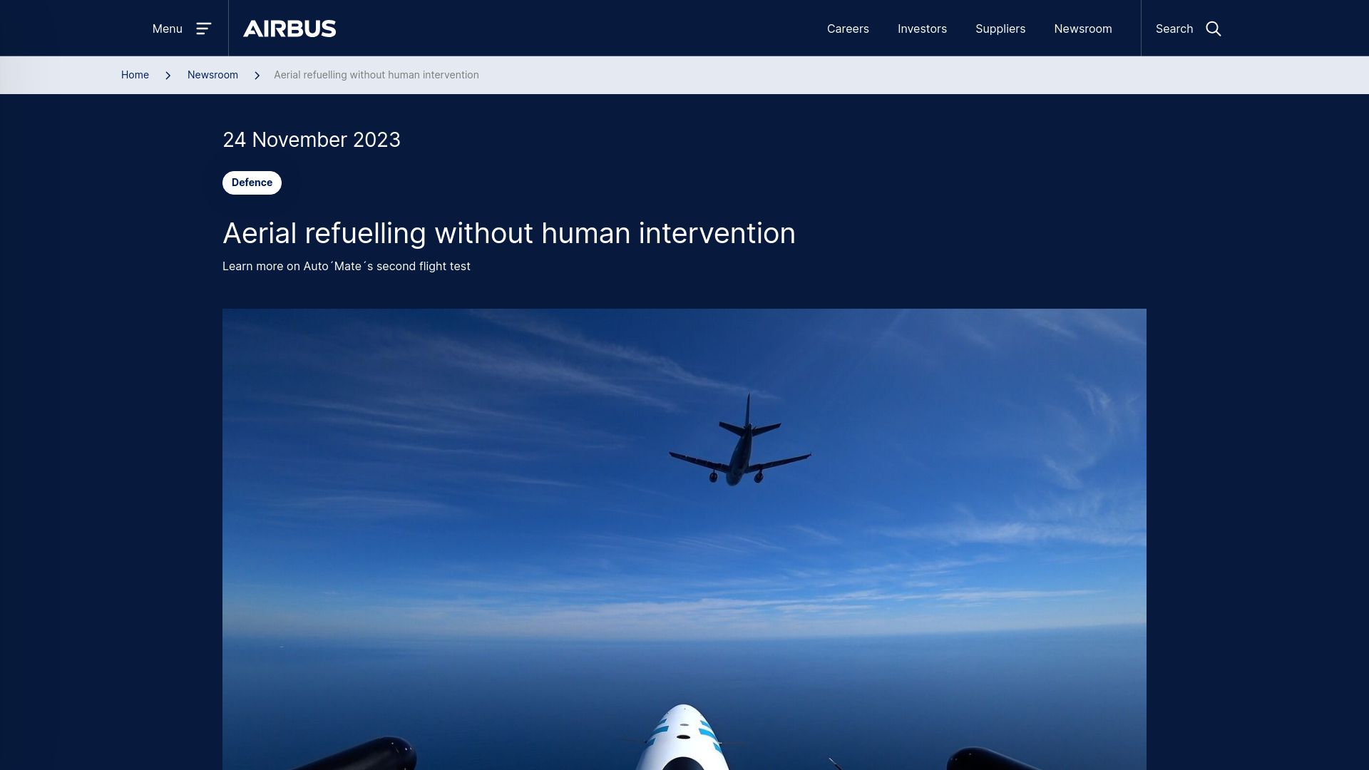 Screenshot of airbus.com: Aerial refuelling without human intervention