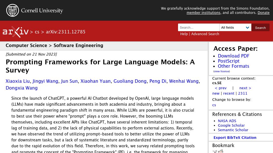Screenshot of arxiv.org: Prompting Frameworks for Large Language Models: A Survey