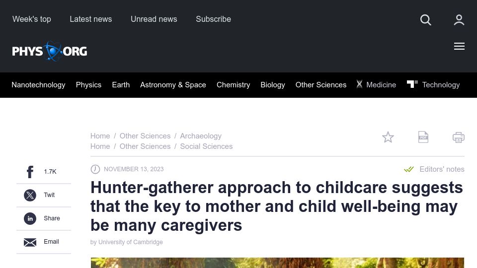 Screenshot of phys.org: The key to mother and child well-being may be many caregivers