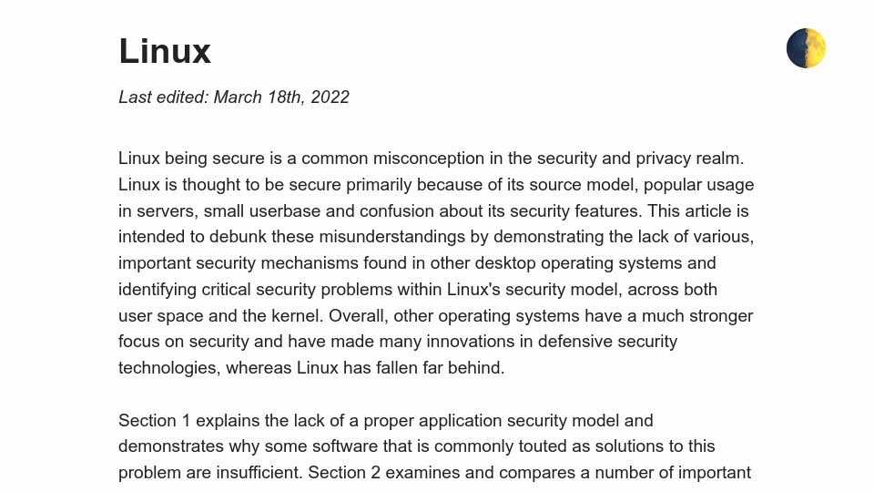 Screenshot of madaidans-insecurities.github.io: Linux being secure is a common misconception