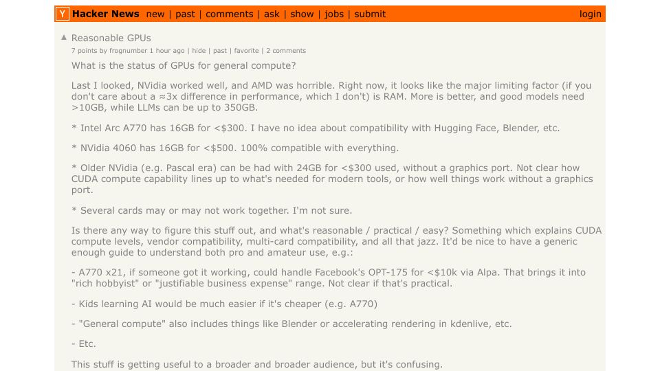 Screenshot of Hacker News post: Reasonable GPUs
