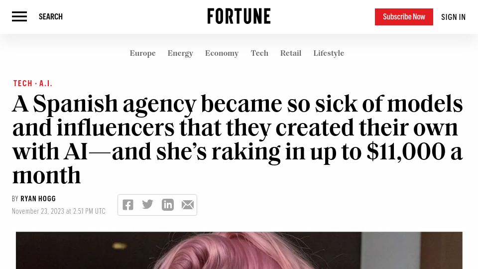Screenshot of fortune.com: Spanish agency created AI influencer and she's raking in up to $11,000 a month