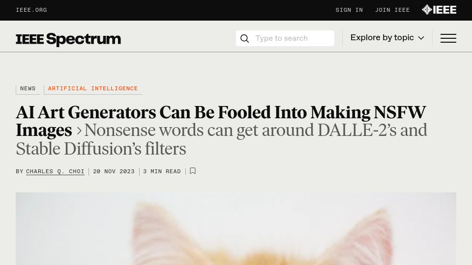 Screenshot of spectrum.ieee.org: AI Art Generators Can Be Fooled into Making NSFW Images