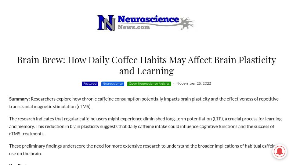 Screenshot of neurosciencenews.com: Daily Coffee Habits May Affect Brain Plasticity and Learning