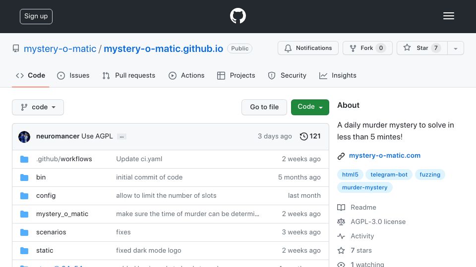 Screenshot of github.com: Mystery-o-matic.com random murder generator is open-source